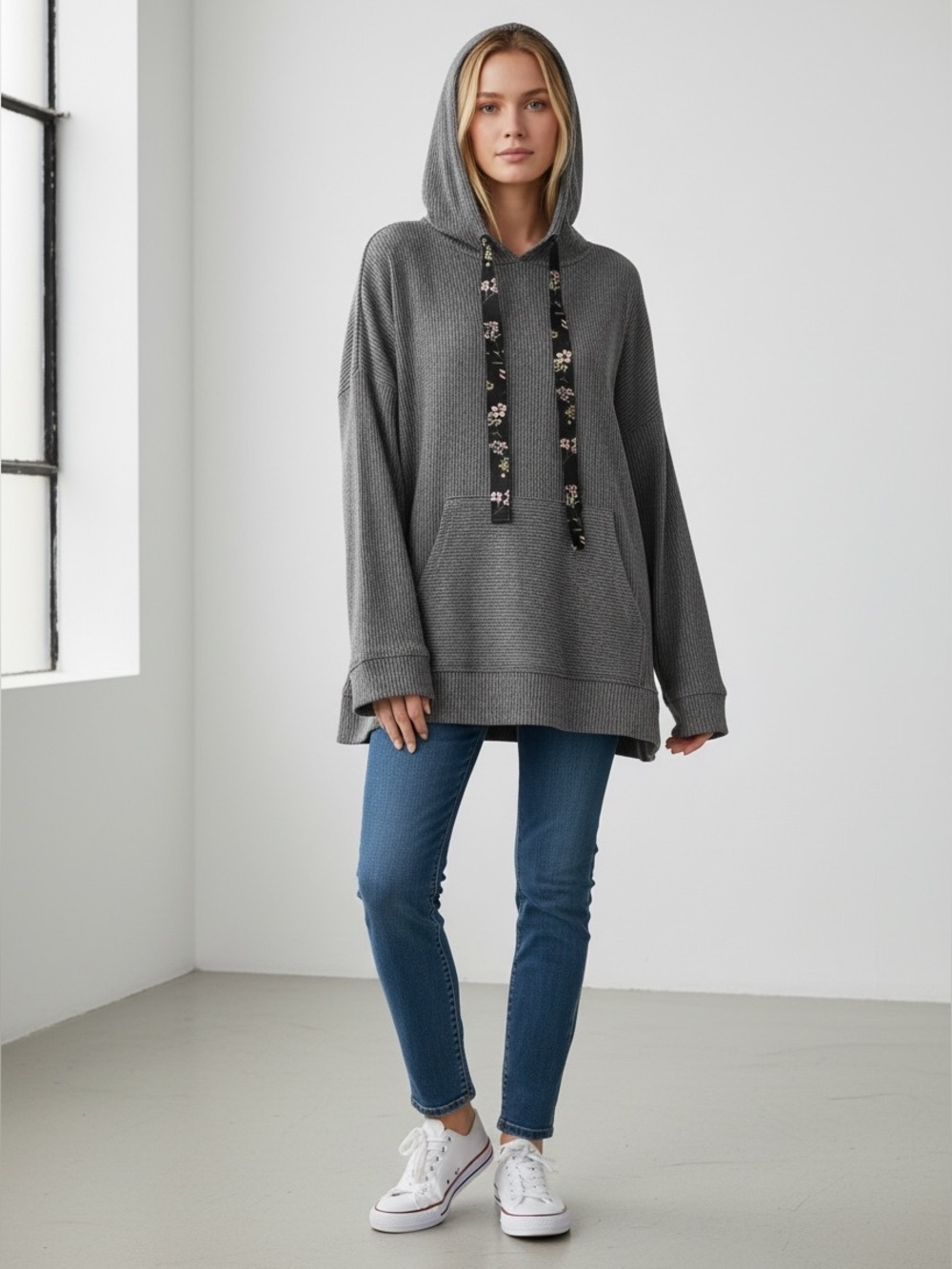 Gray Ribbed Lightweight Hoddie